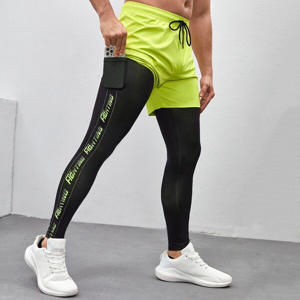 

Men Letter Graphic Phone Pocket 2 In 1 Sport Tights, Multicolor