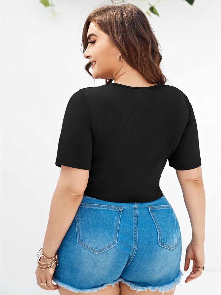 Plus Lace Up Front Rib-knit Top - Black - View 2