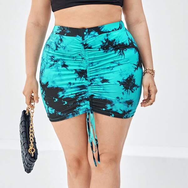 

Plus Tie Dye Drawstring Ruched Skirt, Multicolor