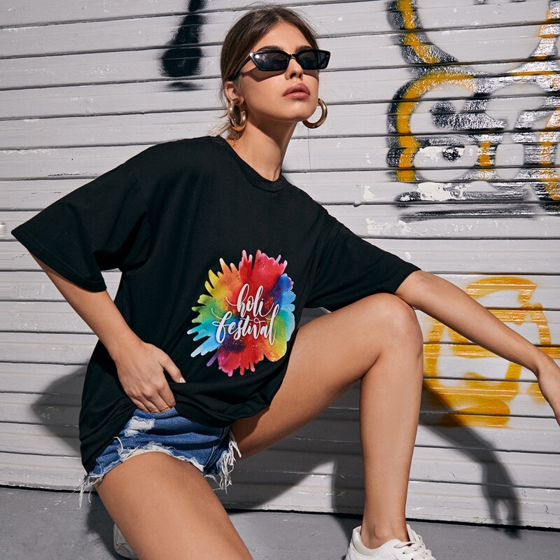 

Letter & Graphic Print Tee, Black