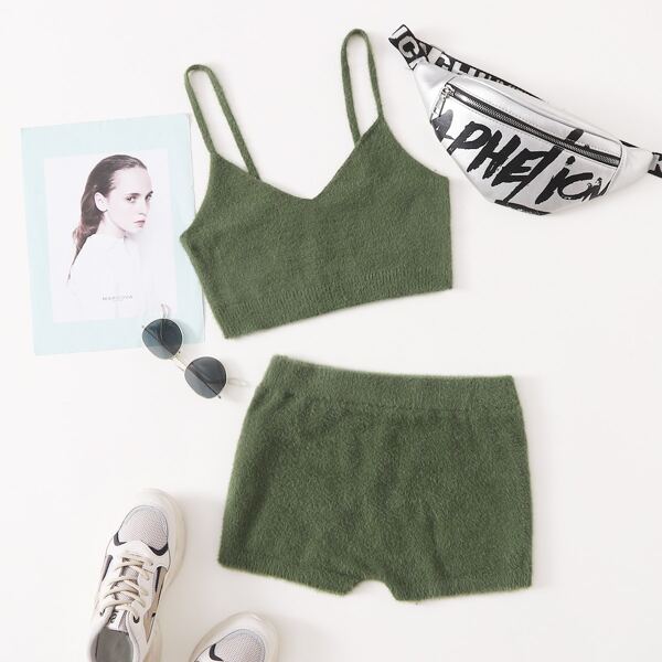 

Fuzzy Crop Cami Top & Shorts Set, Army green