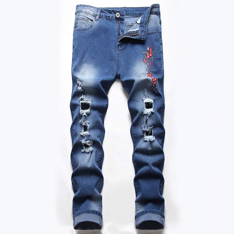 

Guys Floral Embroidery Ripped Jeans, Medium wash
