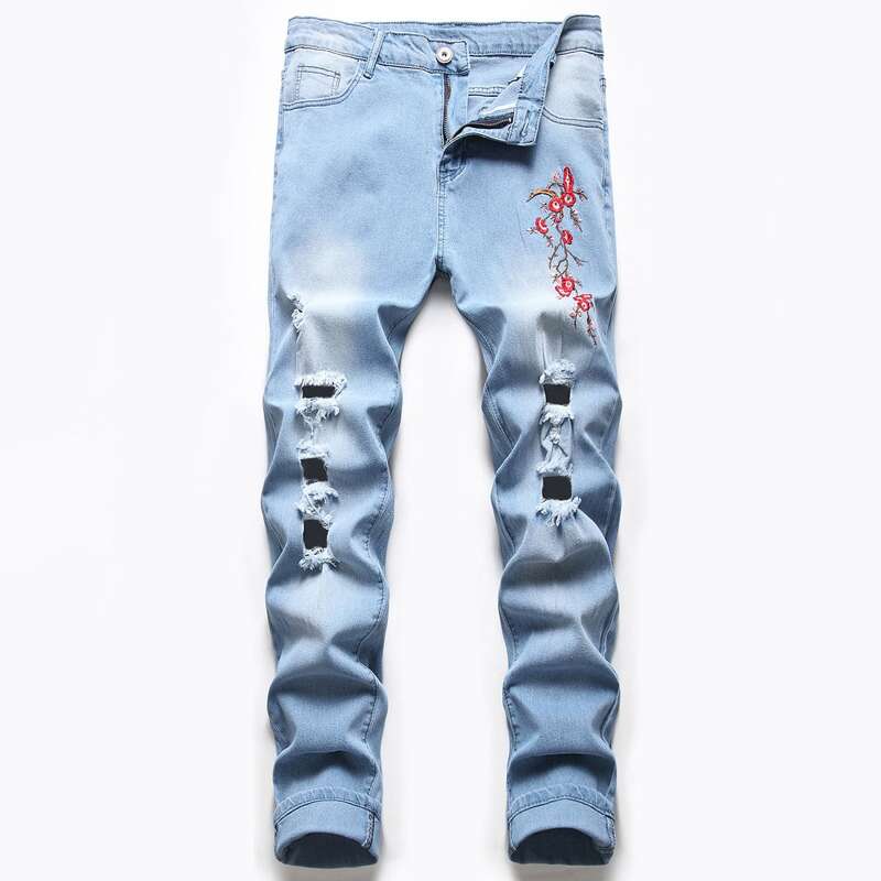 

Guys Floral Embroidery Ripped Jeans, Light wash