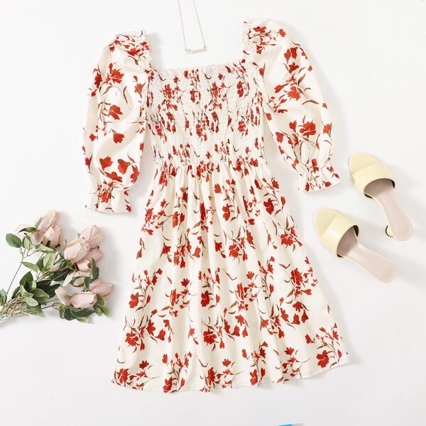 

Flounce Sleeve Frill Trim Shirred Bodice Floral Dress, Multicolor