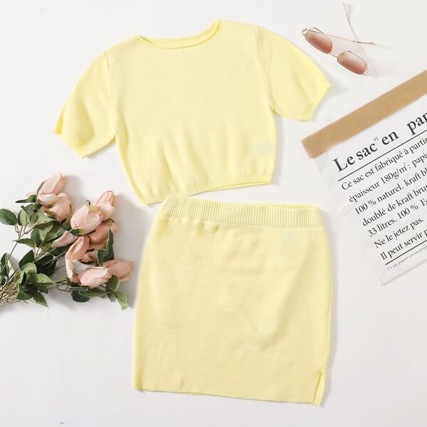 

Solid Slim Crop Knit Top & Slit Hem Skirt Set, Yellow