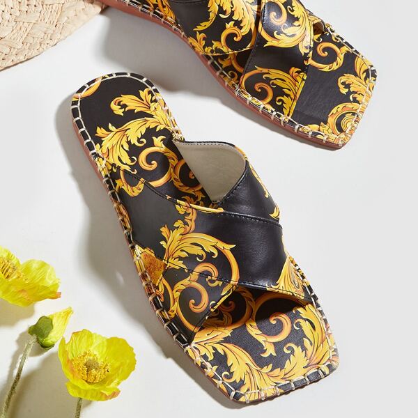 

Scroll Print Criss Cross Slide Sandals, Black