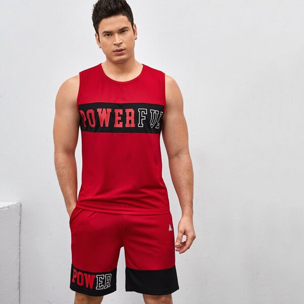 

Men Letter Graphic Colorblock Sports Set, Red