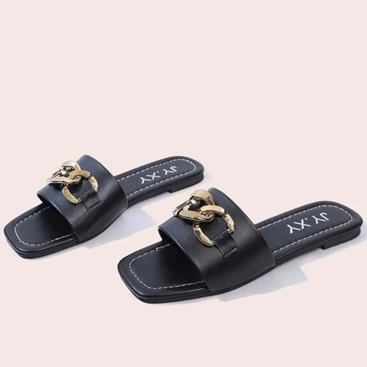 

Chain Wide Band Slide Sandals, Black