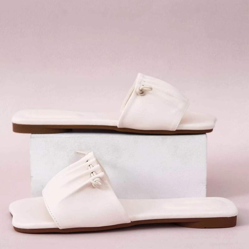 

Drawstring Wide Band Slide Sandals, Beige