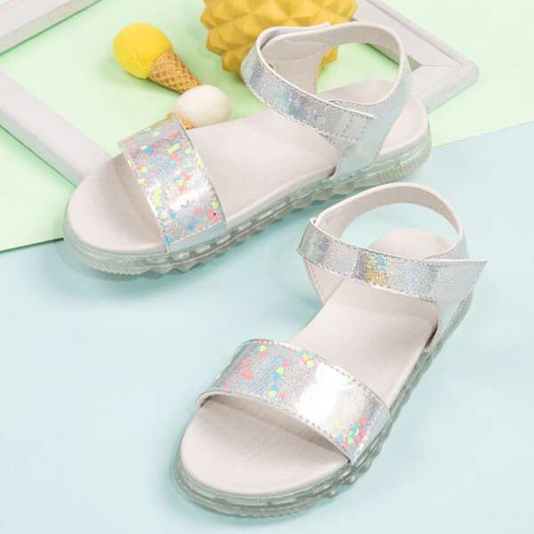 

Girls Metallic Heart Pattern Sandals, Silver