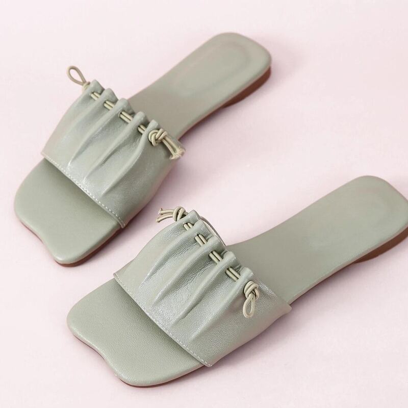 

Drawstring Wide Band Slide Sandals, Mint green