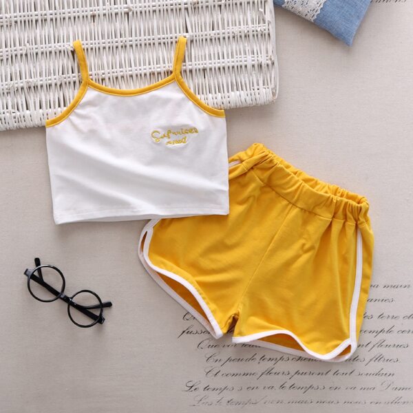 

Toddler Girls Contrast Binding Letter Embroidery Cami Top & Track Shorts, Multicolor