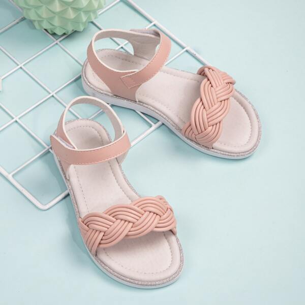 

Girls Braided Ankle Strap Sandals, Coral pink
