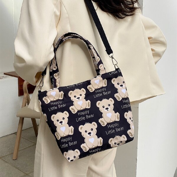 

Cartoon Bear Print Top Handle Tote Bag, Black