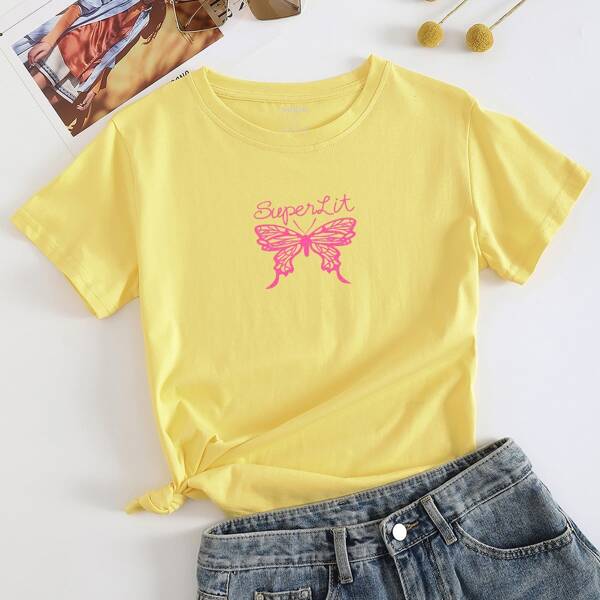 

Butterfly & Letter Print Tee, Yellow