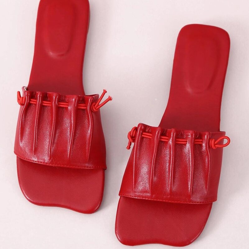 

Drawstring Wide Band Slide Sandals, Red