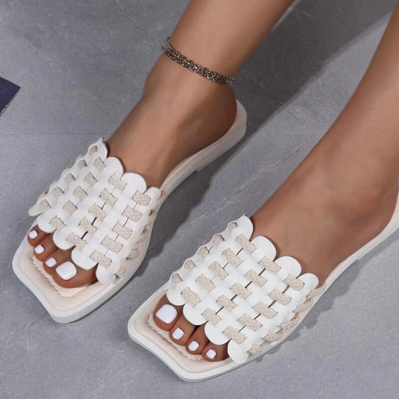 

Braided Wide Band Slide Sandals, White
