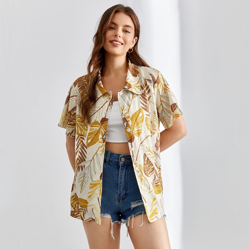 

Leaf Graphic Button Front Shirt, Multicolor