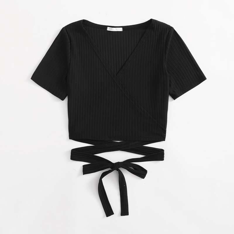 

Solid Wrap Crop Top, Black
