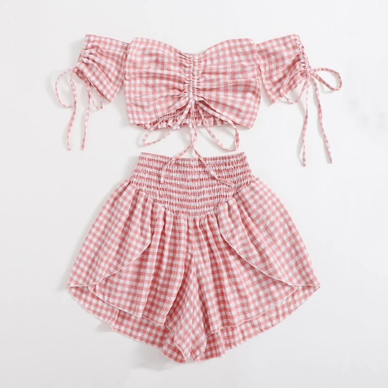 

Gingham Ruched Crop Top & Shorts, Multicolor