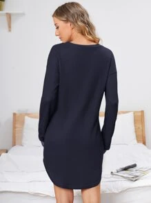 SHEIN Maternity Button Front Drop Shoulder Night Dress - Navy Blue - View 2