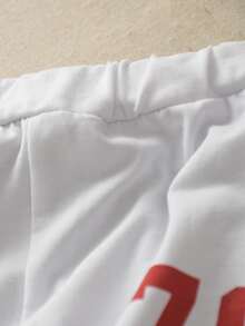 SHEIN 小男童校園風條紋字母圖案T恤和運動短褲 - 紅白色 - 查看 3