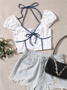 SHEIN EZwear Halter Neck Tie Front Binding Trim Crop Tee - White - View 1
