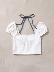 SHEIN EZwear Halter Neck Tie Front Binding Trim Crop Tee - White - View 2