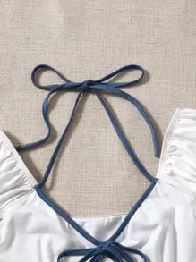 SHEIN EZwear Halter Neck Tie Front Binding Trim Crop Tee - White - View 4