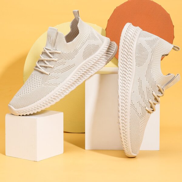 

Lace Up Decor Knit Sneakers, Beige