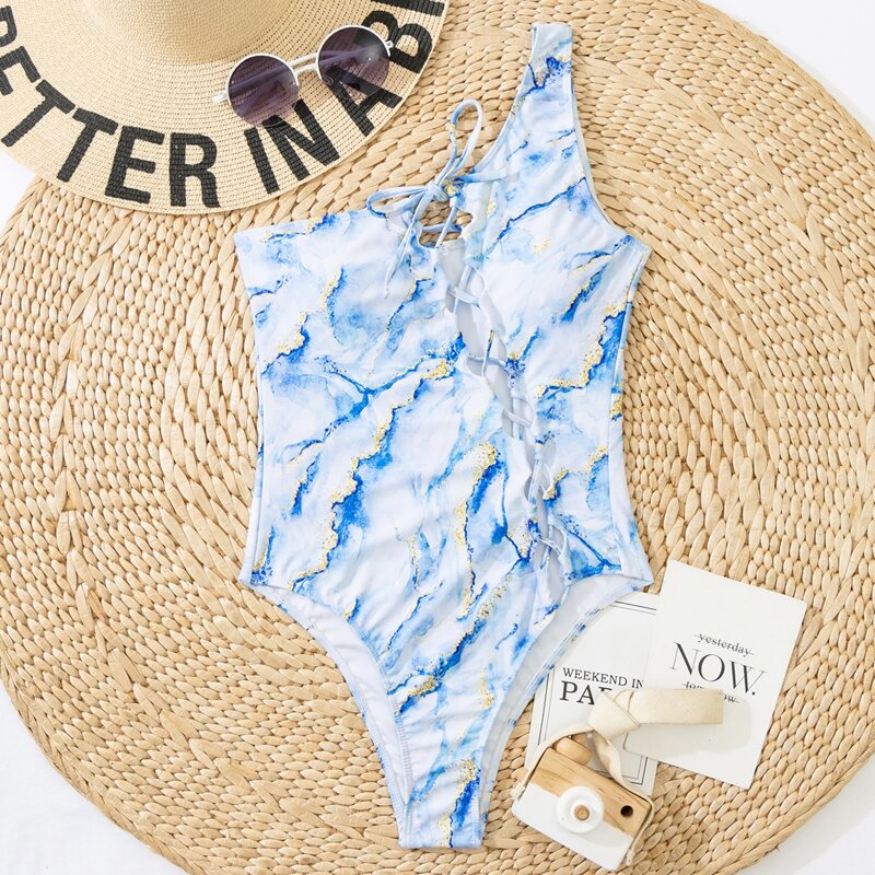 Lace-up One Shoulder One Piece Swimsuit, Blue and white