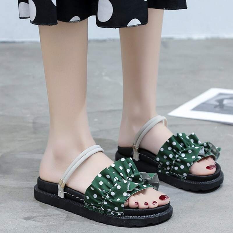 

Polka Dot Ruffle Strap Slide Sandals, Green