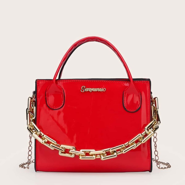 

Patent Metal Letter Decor Chain Bag, Red