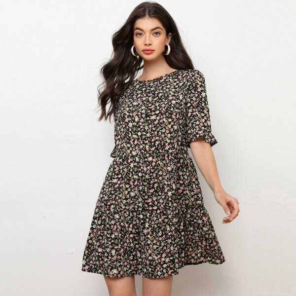 

All Over Floral Print Tie Back Flounce Sleeve Smock Dress, Multicolor