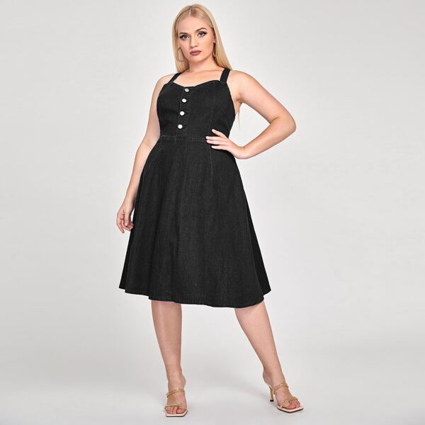 

Plus Button Front Cami Denim Dress, Black