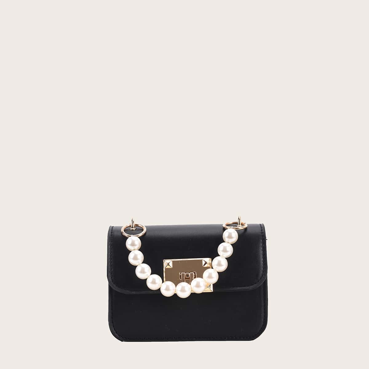 

Faux Pearl Handle Satchel Bag, Black