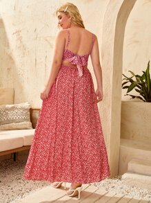大碼小碎花吊帶連衣裙 - 紅色 - 查看 2