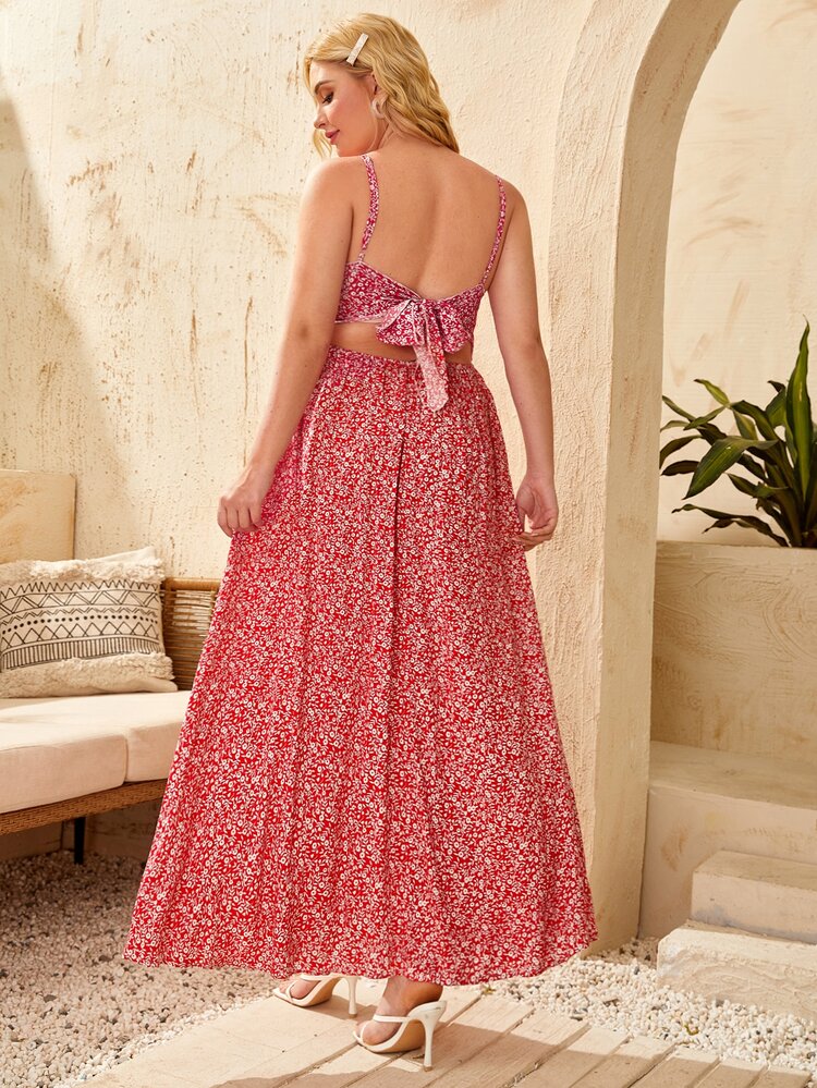 大碼小碎花吊帶洋裝 - 紅色 - 查看 2