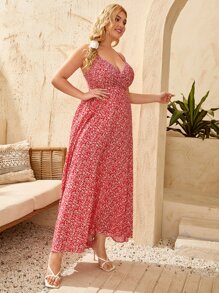 大碼小碎花吊帶連衣裙 - 紅色 - 查看 4