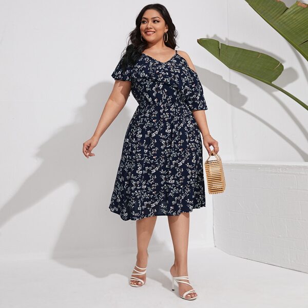 

Plus Floral Print Asymmetrical Neck Ruffle Trim A-line Dress, Navy blue