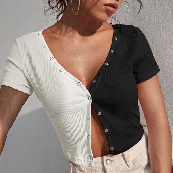 

Two Tone Button Up Crop Tee, Black and white