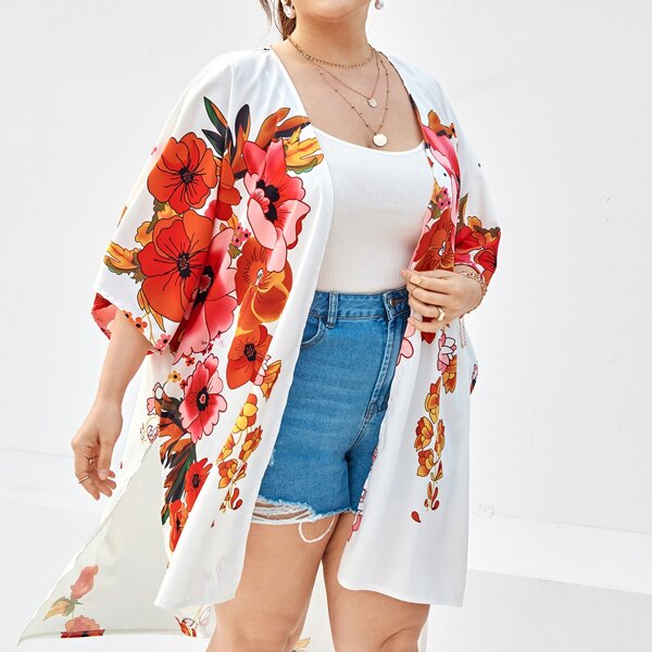 

Plus Floral Print High Low Kimono, Multicolor