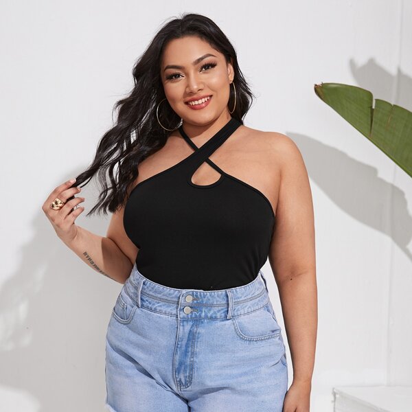 

Plus Solid Criss Cross Top, Black