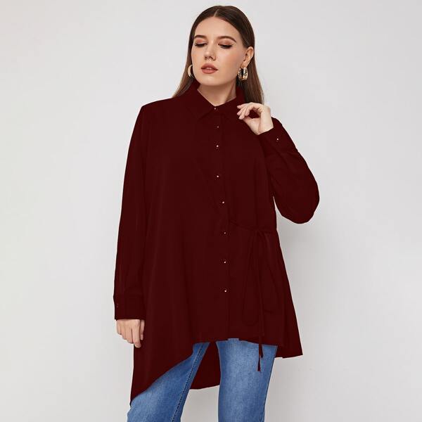 

Plus Solid Knot Side Longline Blouse, Maroon