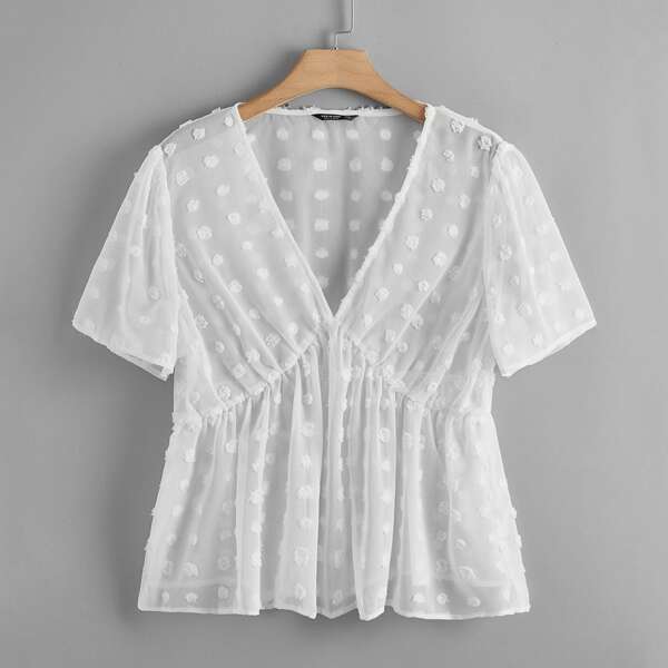 

Plus V Neck Swiss Dot Blouse, White