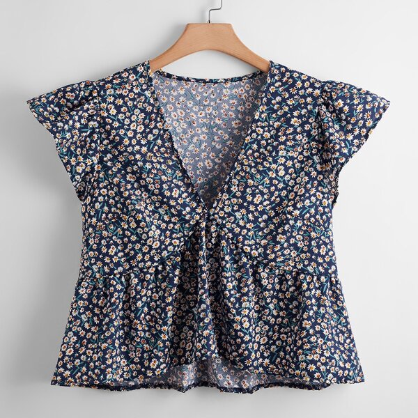

Plus Ditsy Floral V-neck Peplum Blouse, Multicolor