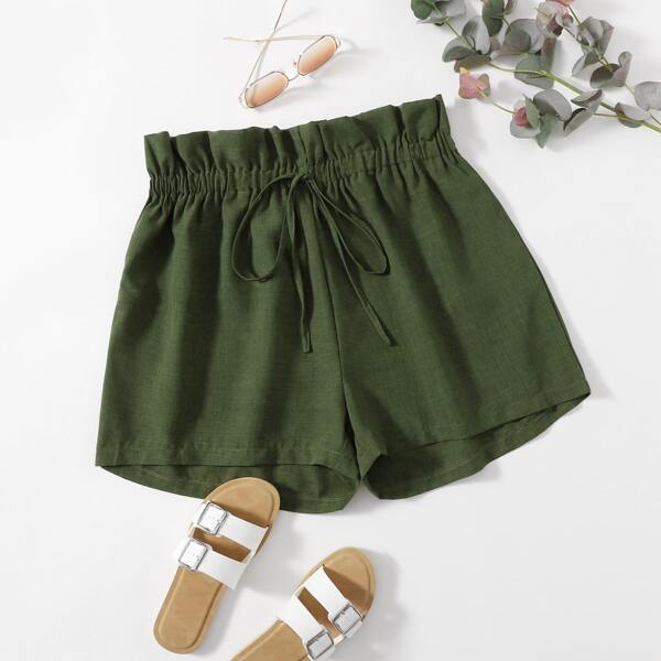 

Plus Knot Front Paper Bag Waist Shorts, Army green