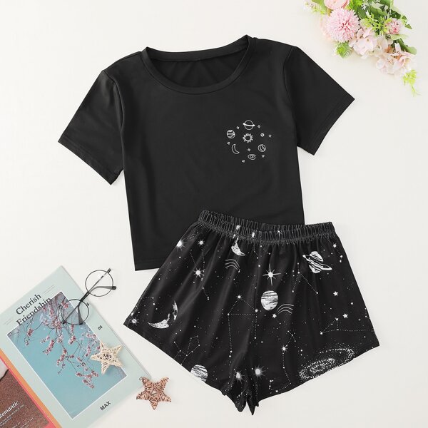 

Plus Galaxy Print Pajama Set, Black