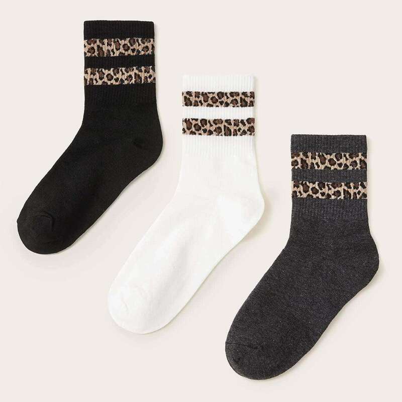 

3pairs Leopard Pattern Crew Socks, Black and white