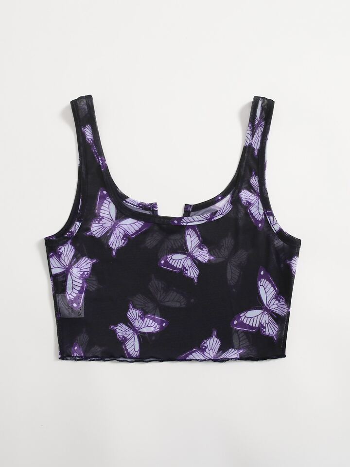 Sheer Mesh Butterfly Print Crop Tank Top